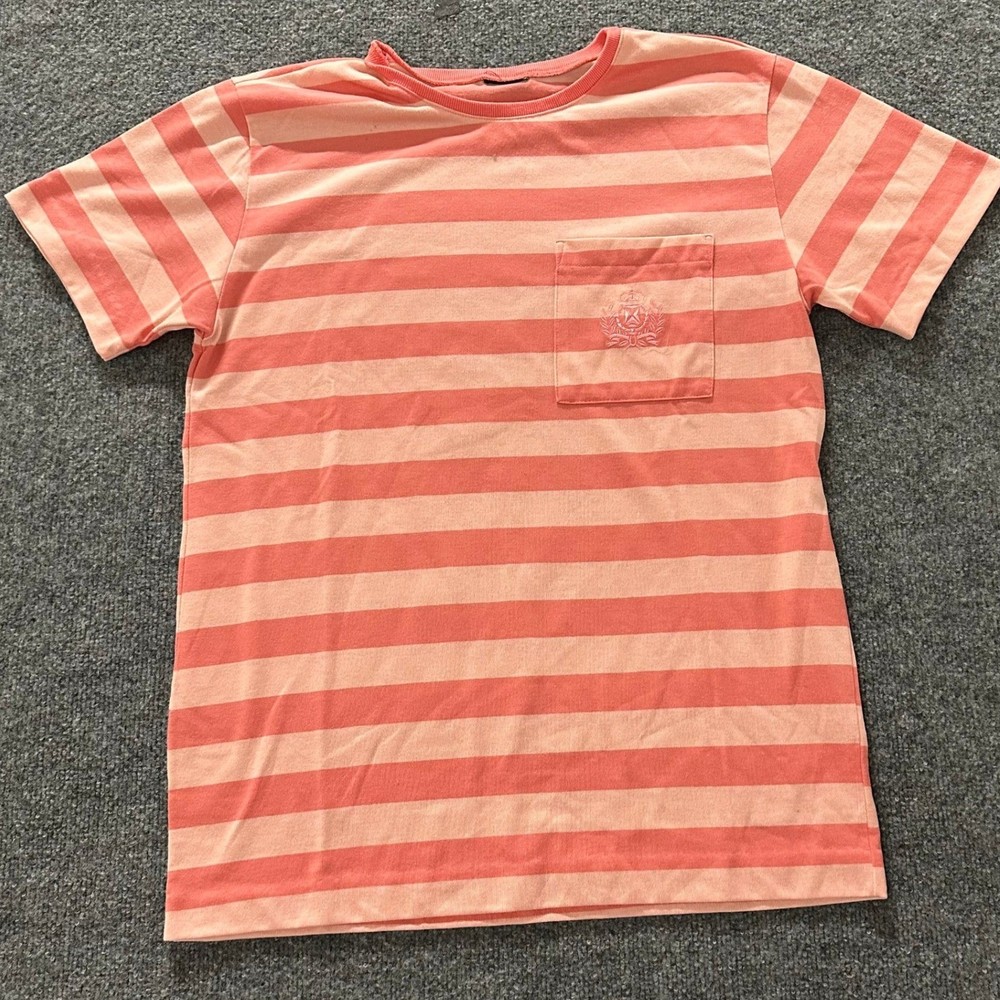 Unbranded T-Shirt Mens Size M Peach Pink Striped Short Sleeve Pocket Crest Fair