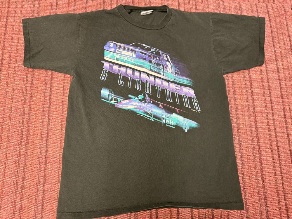 MENS USED VINTAGE 90S SINGLE STITCH THUNDER LIGHTNING RACING GRAPHIC SHIRT LARGE