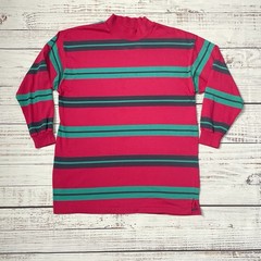 Vintage Class 955 Pink Green Striped Long Sleeve Blank Shirt Adult M Mock Neck