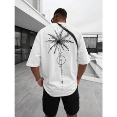 Fractyr Men’s Geometric Palm Tree Double Print Oversized Tee, White Streetwear​