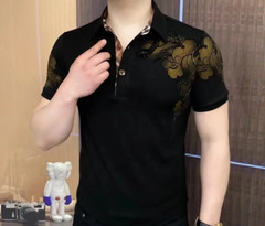 New Men Luxury Diamond Rhinestones Fashion Black Polo T-Shirt High Quality