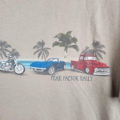 Fear Factor Rally Shirt Mens XL Tan Classic Trucks Cars Palm Trees Beach Chpooer