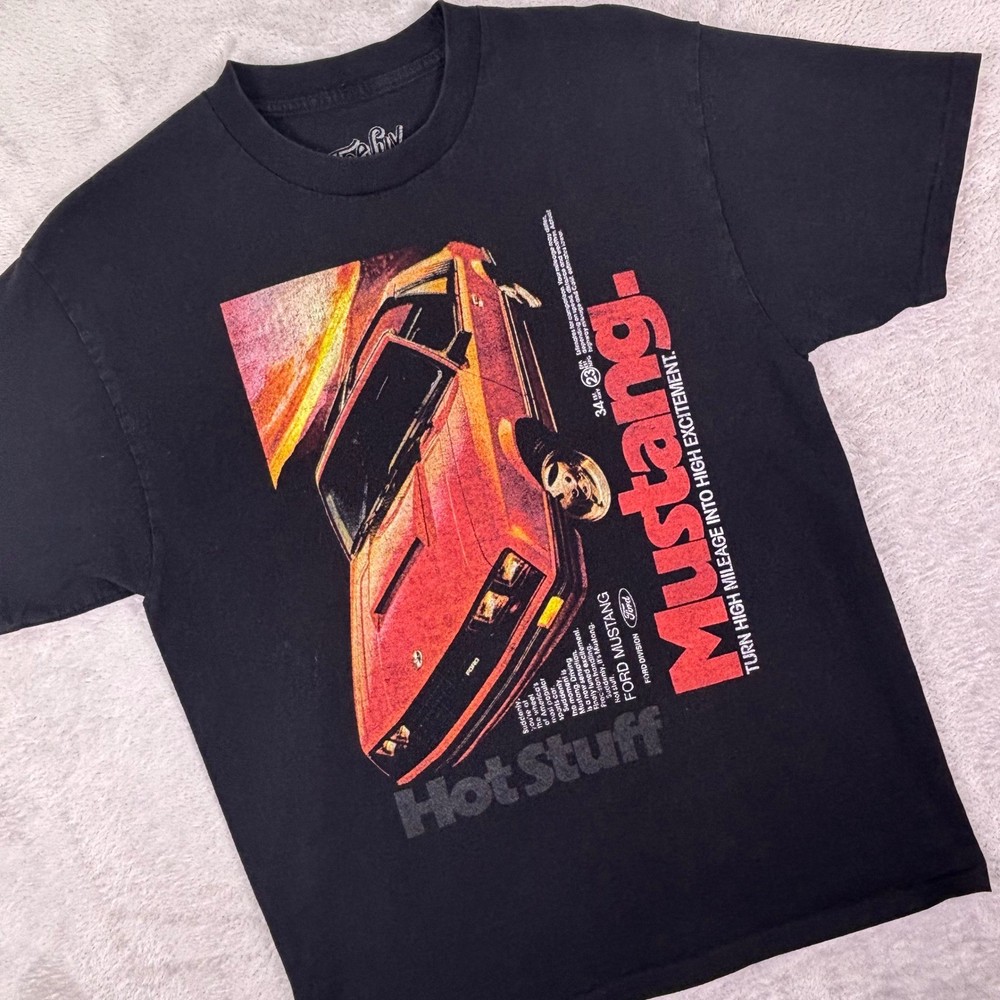 Tee Luv Men’s Ford Mustang Hot Stuff Black Graphic T-Shirt Medium Retro Car Tee