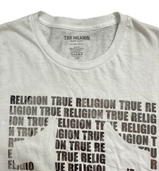 NWT True Religion Brand Script All Over Silver Foil Graphic White Shirt Size L