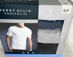 PERRY ELLIS Men’s Crew Neck Tees SZ Small 3-Pk Cotton Blend Stretch Grey Black