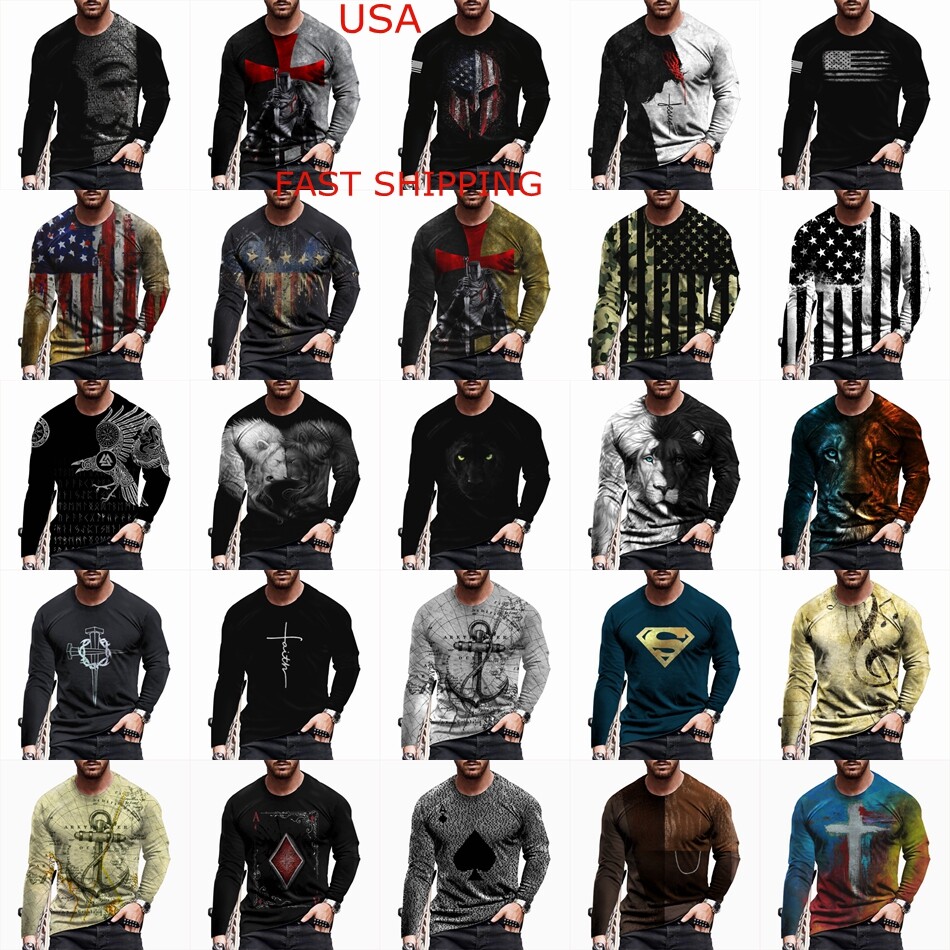 T Shirts Men Fashion Long Sleeve USA Flag Cross Graphic Print T-Shirt Silky Soft