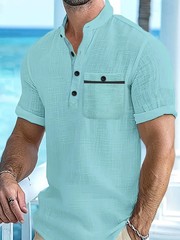 Mens Cotton Solid Color Shirt Stand Collar Casual Business Summer Beach Fun Gift
