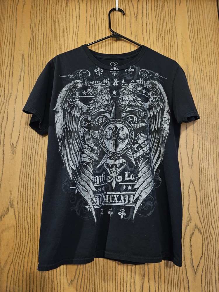 OP Ocean Pacific Y2K Graphic Tee Shirt Black Affliction Style Wings Eagle M
