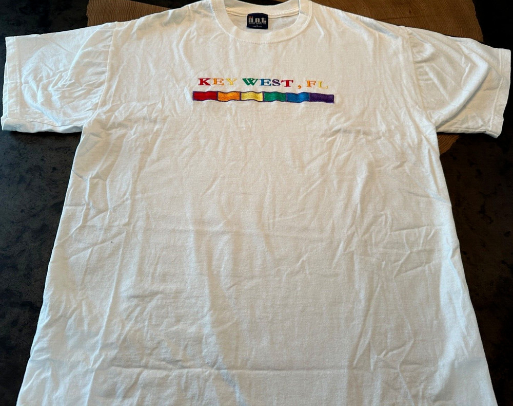 VTG N.A.T. T SHIRT MENS L EMBROIDERED KEY WEST FLORIDA RAINBOW USA MADE