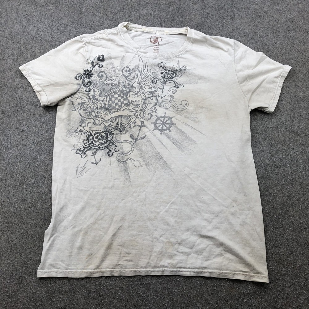 OP Shirt Mens Medium White Nautical Tattoo Graphic Grunge Eagle Rose Anchor Art