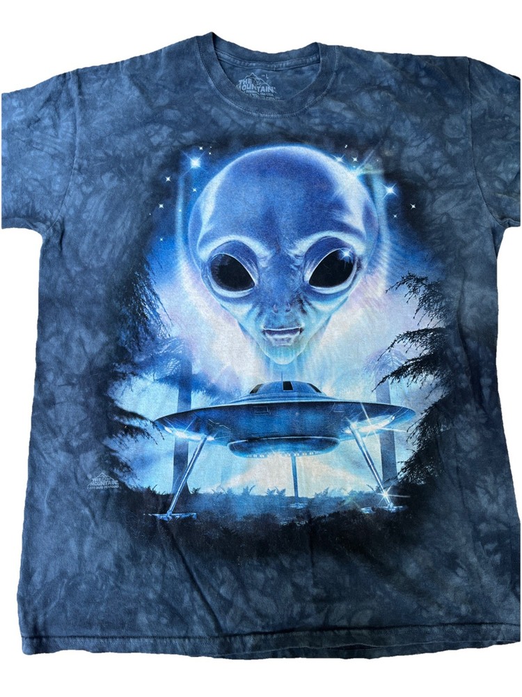 THE MOUNTAIN Alien UFO Graphic Tee Mens L 2013 Blue Acid Wash Shirt
