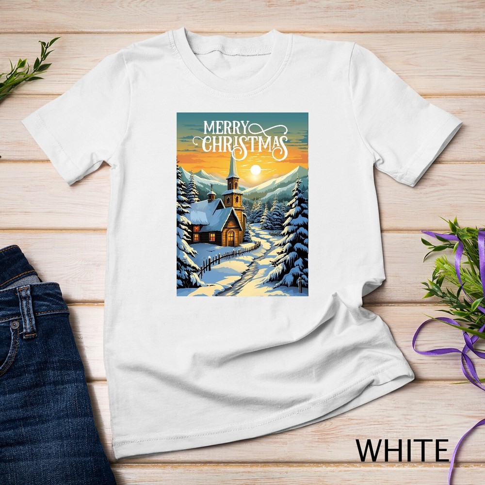 Christmas Church in the Mountains A Peaceful Scene #1 Funny Unisex T-shirt