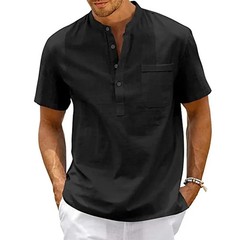 Cotton Linen Shirt Men Henley Neck Pocket Casual Beach Short Sleeve Solid Color