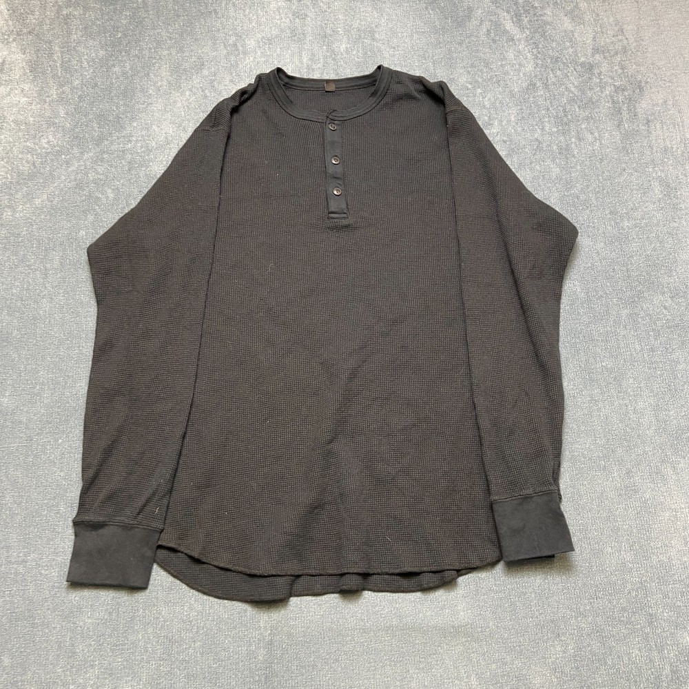 Uniqlo Shirt Mens XL Black Cotton Waffle-Knit Long Sleeve Henley Neck Casual