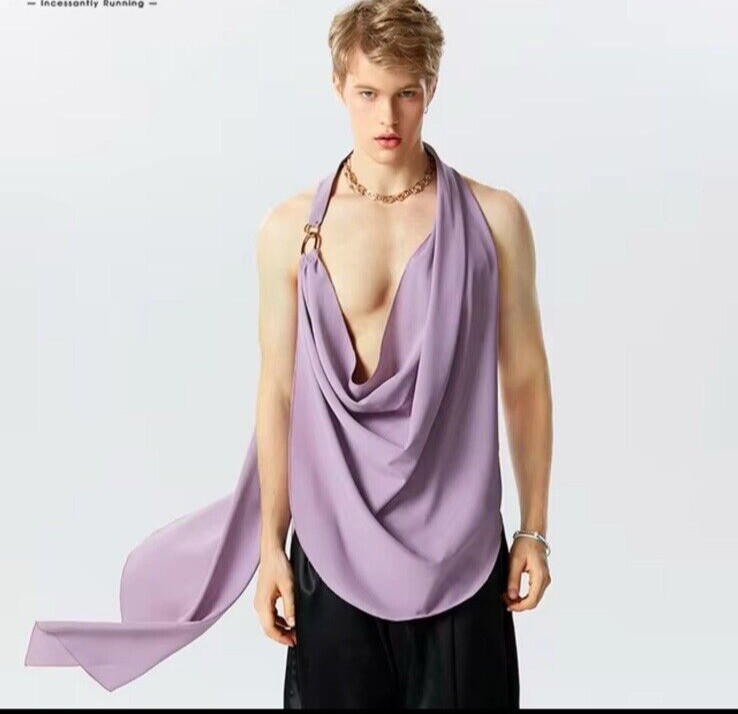 Unisex Small Cowl Neck O-Ring Linked Irregular Sleeveless Tank Tops Purple