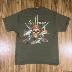 Vintage Guy Harvey Shirt Mens Large Green Pirate Skull Shark Fish Ocean Y2K