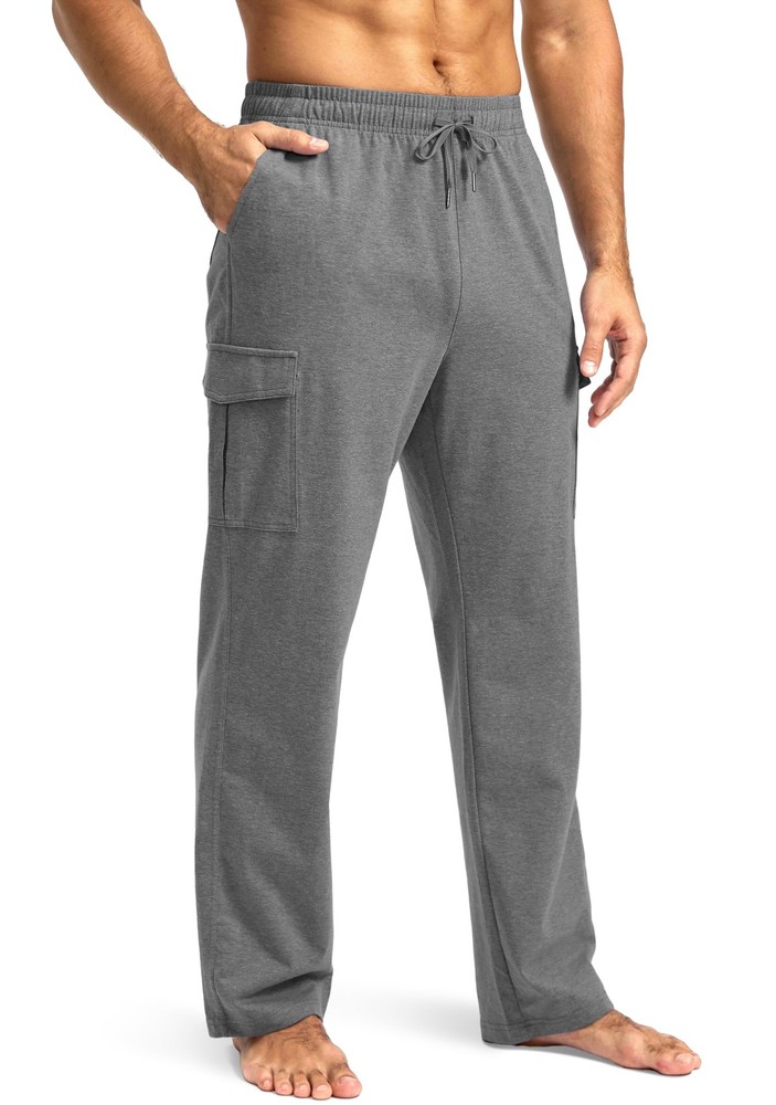 Men’s Cotton Sweatpants Cargo Pockets Open Bottom Yoga Lounge Athletic Workout