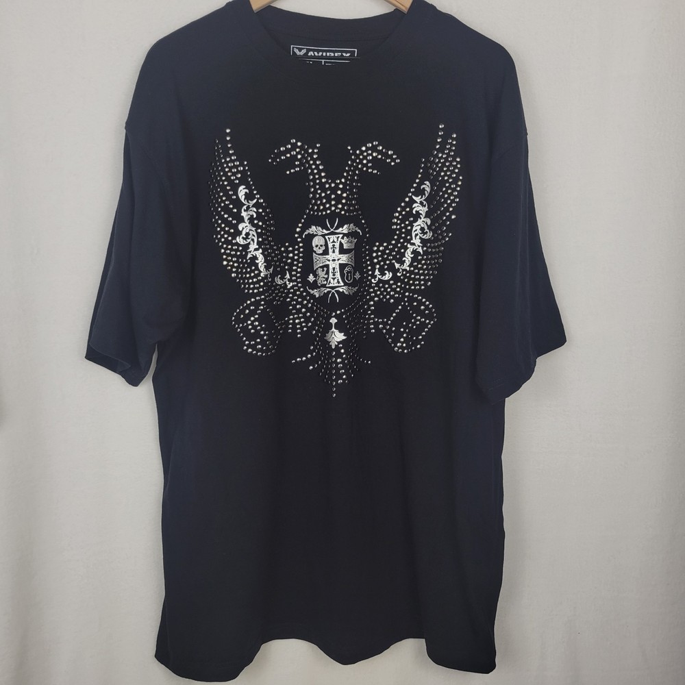 Avirex Mens XL Black Studded Double-Headed Eagle Graphic T-Shirt Y2K Streetwear