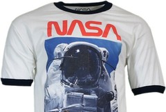 MENS GRAPHIC SHIRT NASA Astronaut Print Crew Neck Tee White Shirt Blue Collar