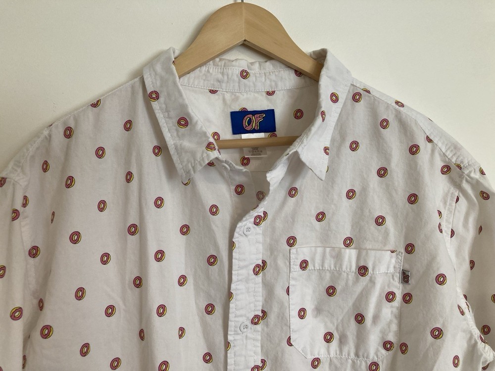 Odd Future OFWGKTA Classic Donut Logo Button-Up Shirt L White Short Sleeve Rap