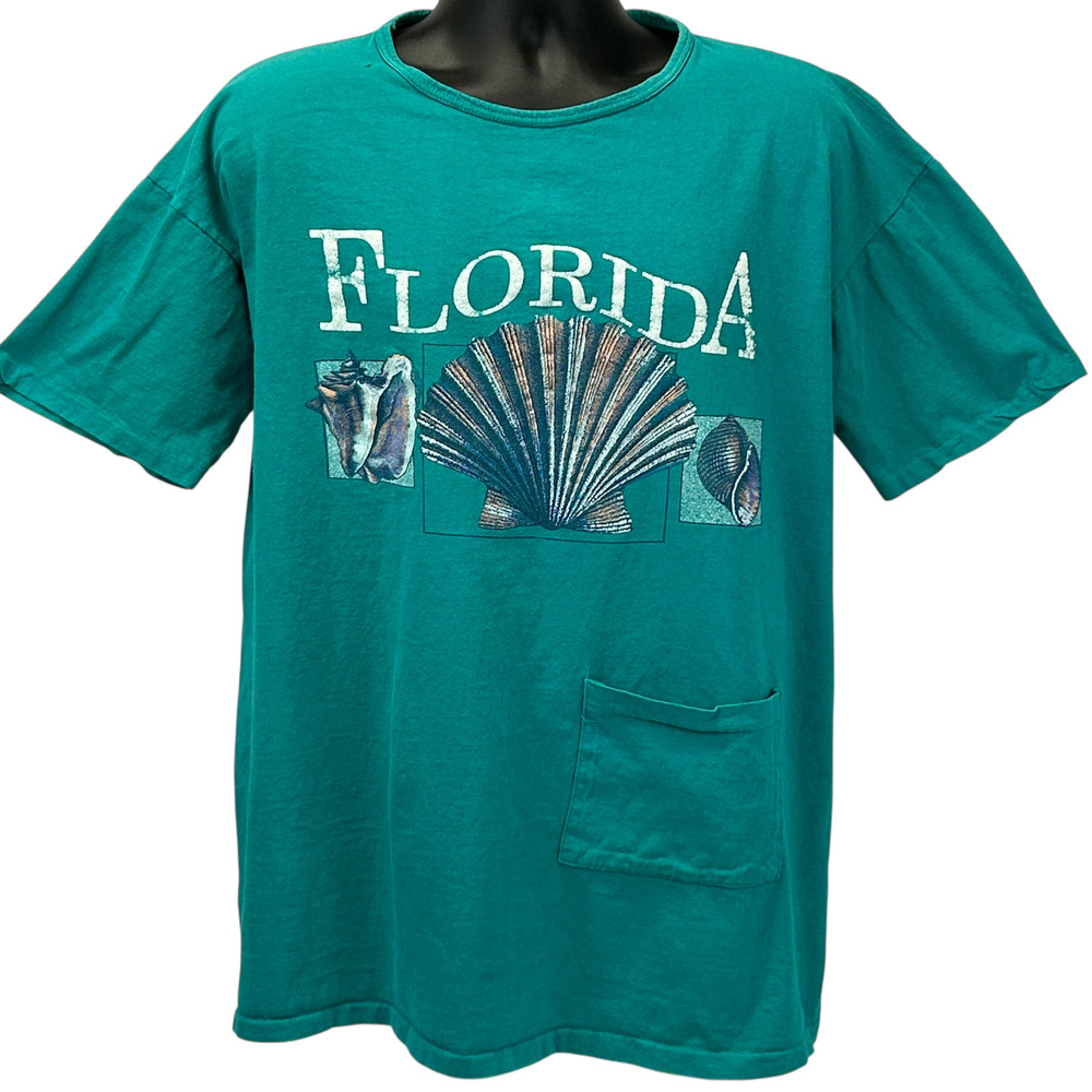 Vintage Florida Beach T Shirt Mens OSFM XXL 2XL Green 90s Seashells Pocket USA