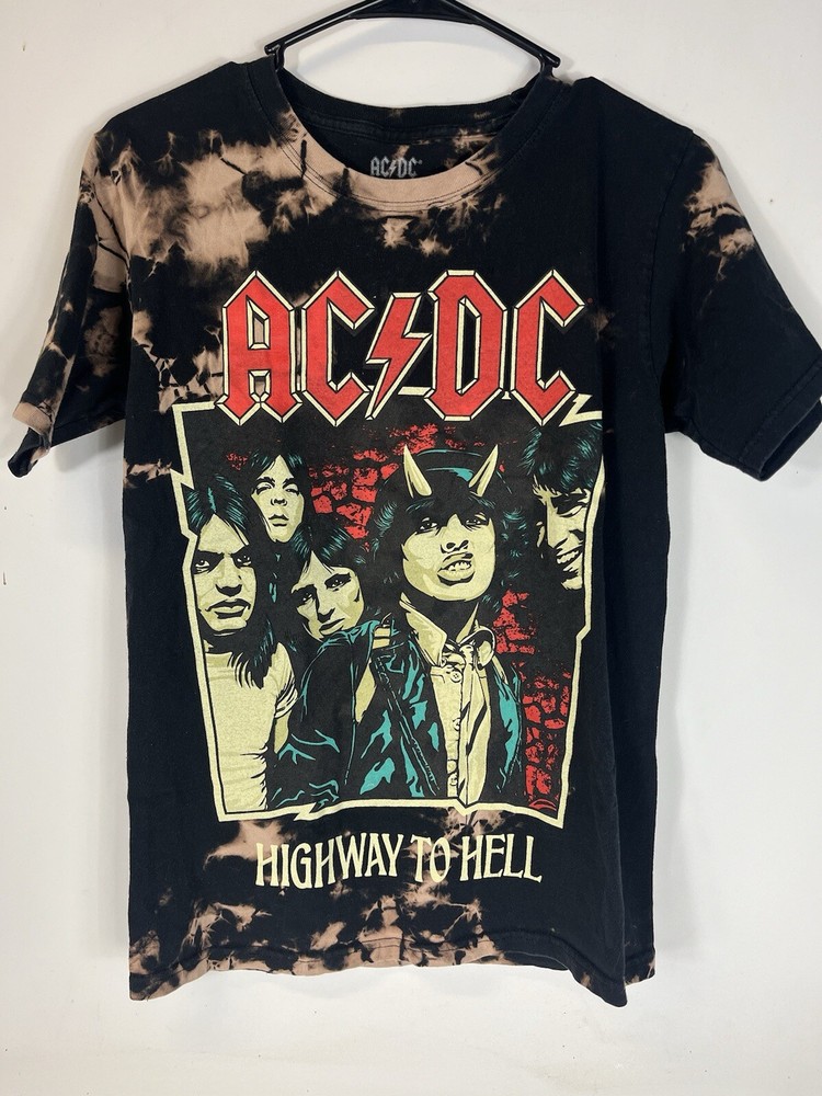 ACDC AC/DC Highway To Hell T Shirt Adult S Tie Dye Metal Rock Black Bleach Wash