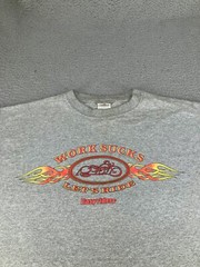 Vintage Motorcycle Shirt Mens Large Gray Y2K Flames Biker Work Sucks Lets Ride
