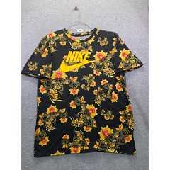 Nike Floral Print T-Shirt Mens Large Black Yellow Athletic Cut Futura Logo Tee