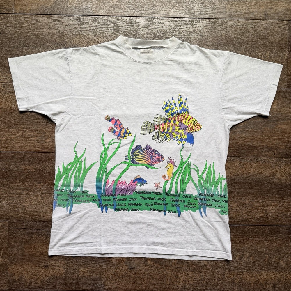 Vintage Mens XL Panama Jack Aquarium Fish Ocean Wrap Around Nature Tee