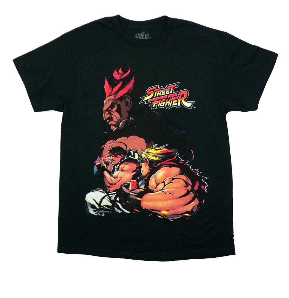 Street Fighter New Adult T-Shirt – Ken Ryu Akuma Trio In Shadow Under Name