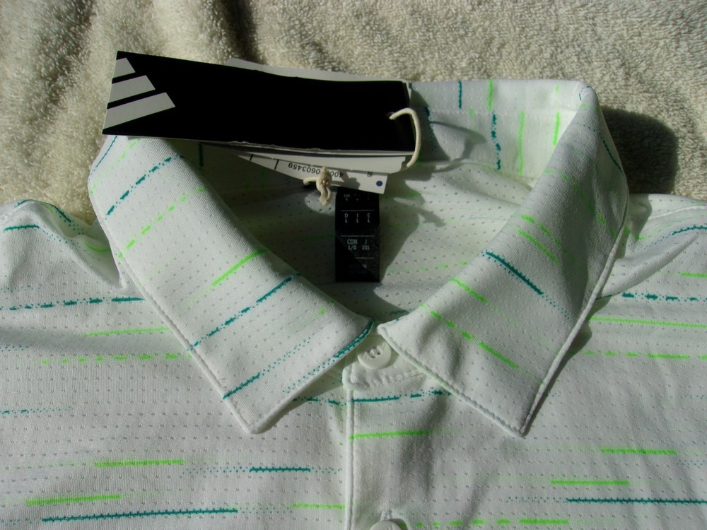 NWT Adidas polo, men’s M, L white, poly., collar, $70, stripes, lightweight