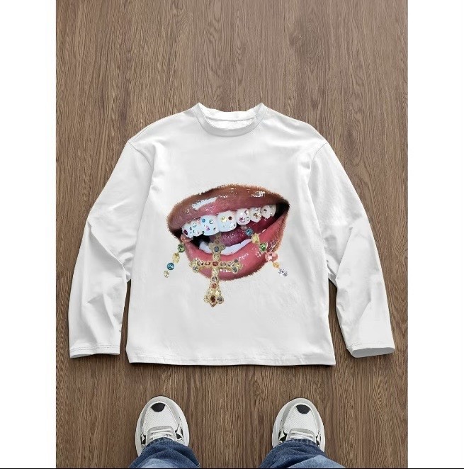 Graphic Thermal Shirt Lips Rhinestone Grills Long Sleeve White/Black Multi Size