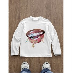 Graphic Thermal Shirt Lips Rhinestone Grills Long Sleeve White/Black Multi Size