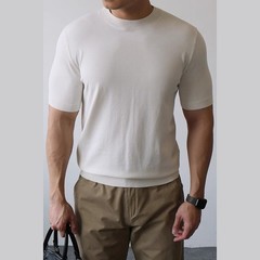 Mens Knitted Tee Casual Short Sleeve Office Outfits Retro Style Knitted Fabric