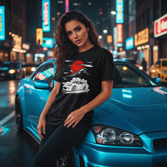 Toyota GR86 Unisex T Shirt With Drift Car Graphic Under Red Sun And Mountain Sce