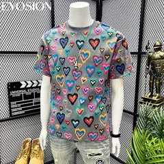 Men Heart Print Short Sleeve T-Shirt Casual Retro Round Neck Summer Cotton Tee