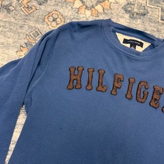 Tommy Hilfiger Vintage Style Blue Waffle Knit Long Sleeve Shirt with Brown Spell