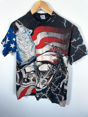 90s AOP Wolf Motorcycle American Flag T-Shirt Adult Medium Single Stitch 1994