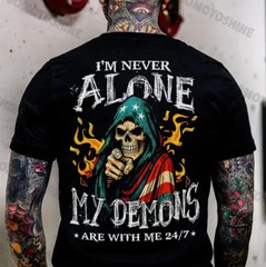 I’M NEVER ALONE MY DEMONS ARE WITH ME USA Flag Skeleton Print Men’s T-shirt 9