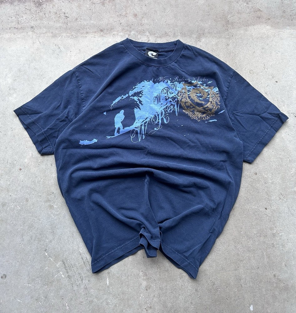 VTG Wave Riding Vehicles T-Shirt Mens Large Blue Surfer Gold Stencil Rare Y2K