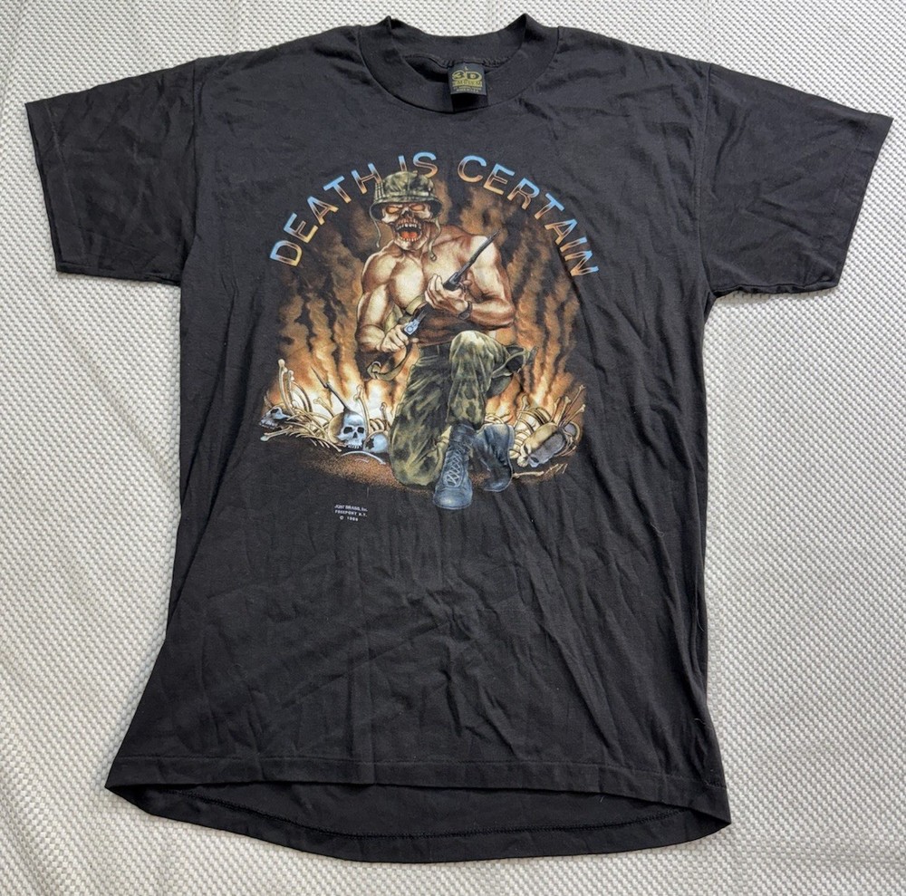 Vintage 1989 Death is Certain 3D Emblem Just Brass Harley T-shirt NEW Large