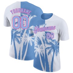 Custom White Light Blue Pink Hawaii Palm Tree T-Shirt Tropical Summer Gift