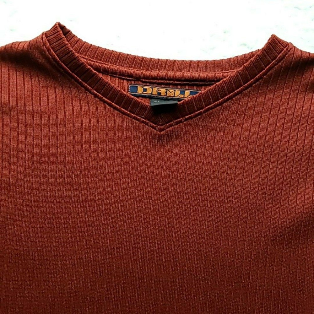 DRML Shirt Mens Large Orange Ribbed V-Neck Polyester Knit Basic Short Sleeve Tee