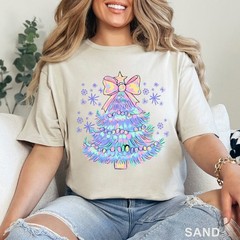 Pastel Holographic Christmas Tree Shirt, Coquette Christmas Tree Shirt, 203704