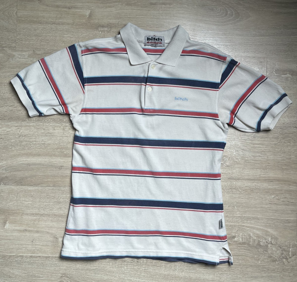 Vintage Bitch Skateboards Striped Button Up Polo T Shirt Men’s Size Medium 90S