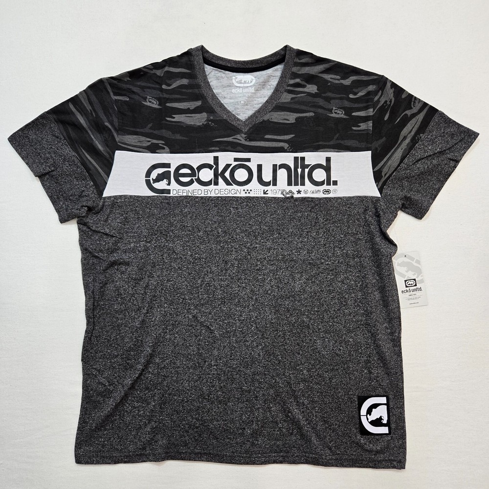 Ecko Unltd Men’s T-Shirt Black Marled Gray Camo Design Graphic V-Neck EO31K806