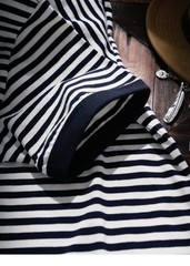 American Tough Guy Style Henry Collar Striped Washed Cotton Short Sleeved Shirt