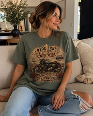Ride Free Stay Wild motorcycle t-shirt | Adventure vintage graphic
