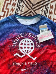 Men Nike USA Miler DRI-FIT Short Sleeve Running Shirt Red White Blue FJ3411 635
