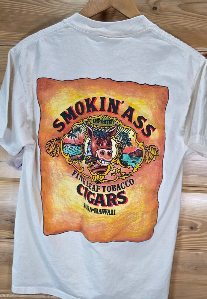 VTG Smokin Ass Cigars Kona Hawaii Tobacco T Shirt Men Medium Stain